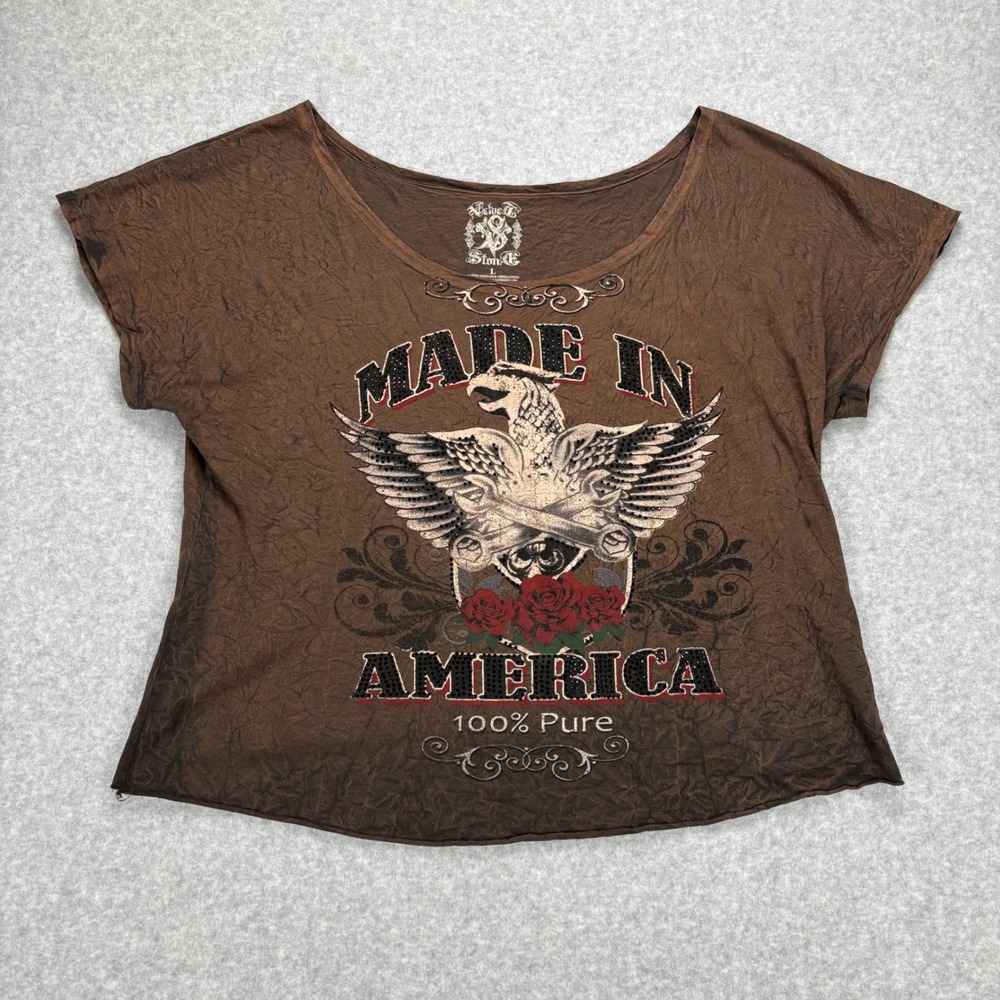 Velvet Stone T-Shirt Womens L Brown Eagle Roses Americana Biker Grunge‎ Rocker